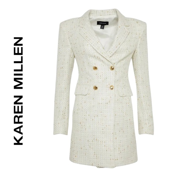 NEW W/ TAGS! Karen Millen Metallic Tweed Blazer Dress in Ivory w/ Gold Buttons - Picture 1 of 9